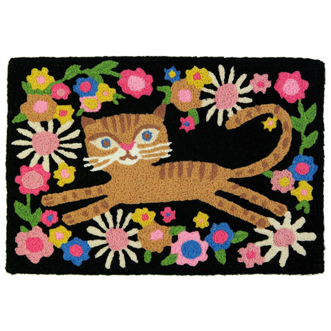 Meow Kitty Jellybean Accent Floral Rug with Cat & Flowers 20" x 30" Door Mat